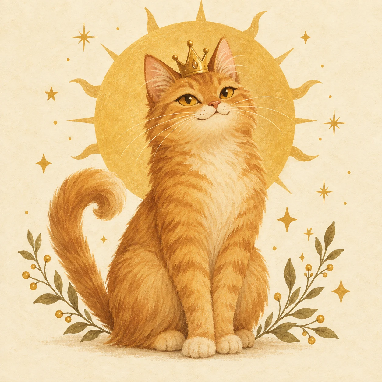 Un chat doré couronné, entouré d’un soleil et d’étoiles